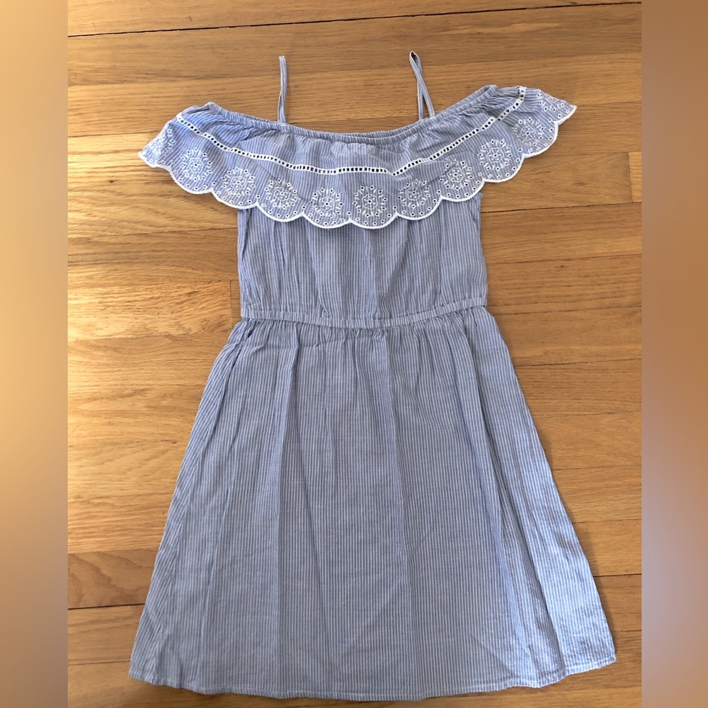 Girls Baby Blue and White stripped Off the Shoulder Cotton Blend Dress